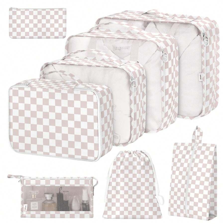 8 Set Travel Essentials, Suitcase Organizer Bags, Packing Cubes, Storage Bag, Travel Organizer Bags, Vacation Essentials, Travel Accessories, Cruise Essentials, Beach Essentials, Purse Essentials, School Supplies, Suitable For Organization And Storage - 淺粉格子 - 查看 1