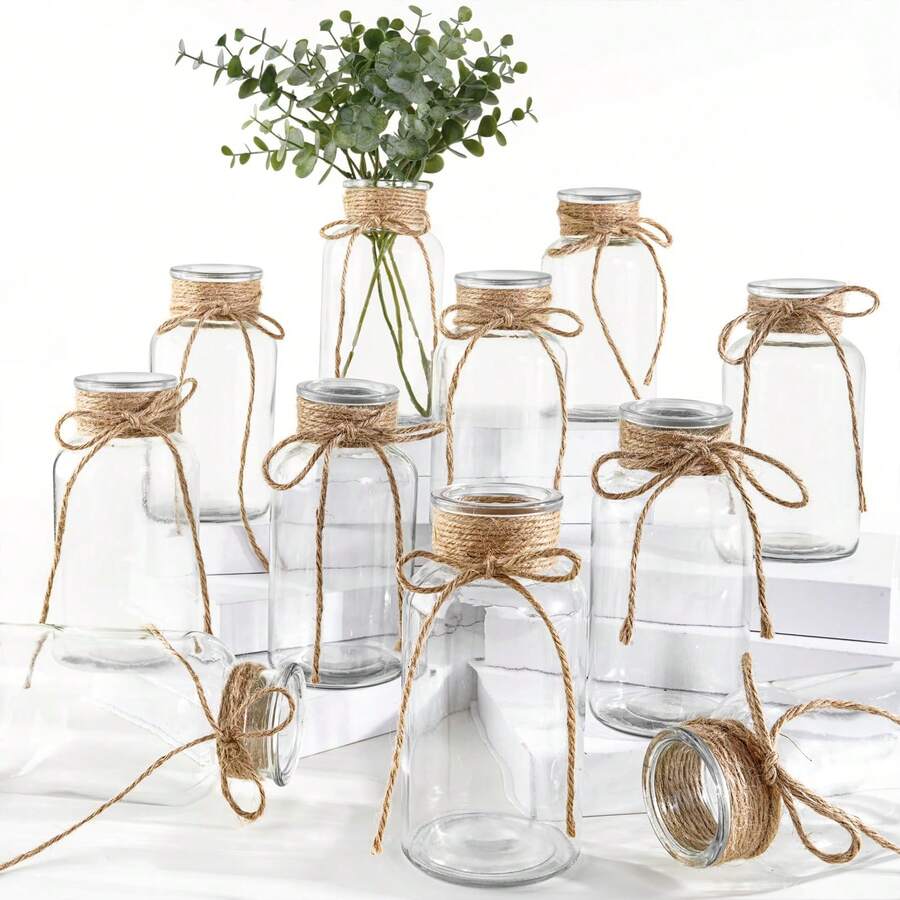Bình hoa trong suốt 3/6 chiếc, Bình thủy tinh cổ điển dùng làm vật trang trí trung tâm tiệc cưới kiểu nông trại, Bình hình trụ dùng để trang trí bàn tiệc, trang trí nhà, cắm hoa, phong cách mộc mạc, quấn dây thừng - Nhiều màu - Xem 1