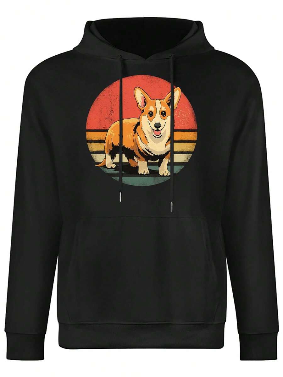 Vibrant Corgi Silhouette Against Retro Sunset Background Hoodie - 黑色 - 查看 1