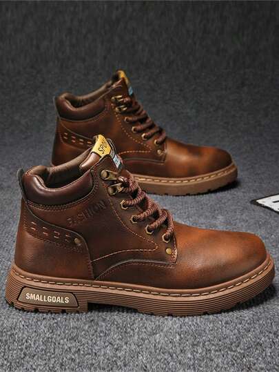 2025新款男士高帮皮靴，柔软舒适PU皮革，防水防油，复古英伦风格，适合户外探险、约会、工作、日常通勤、建筑工地、摩托车骑行