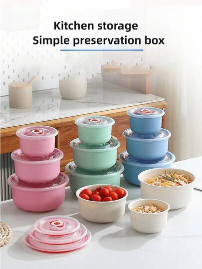 1 set Recipiente de almacenamiento, caja de conservación fresca, tazón apilable de conservación fresca con tapa, caja de almacenamiento redonda a prueba de fugas y reutilizable, para granos, carne, comida, frutas y verduras, organizadores y almacenamiento de cocina, accesorios de cocina