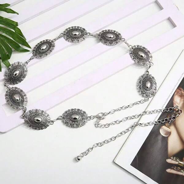 Vintage Silver Hollow Oval Waist Chain, Geometric Floral Engraved Metal Belly Chain Waist Belt, Adjustable Body Chain Decor For Dress