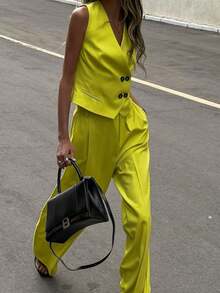 Conjunto de chaleco y pantalones elegante y casual de estilo retro para mujer, adecuado para uso diario y trabajo, conjunto amarillo, atuendo de trabajo para maestros - Amarillo - Ver 1