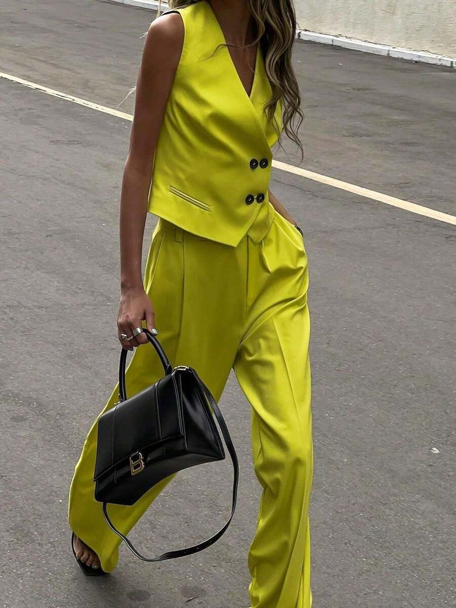 Conjunto de chaleco y pantalones elegante y casual de estilo retro para mujer, adecuado para uso diario y trabajo, conjunto amarillo, atuendo de trabajo para maestros - Amarillo - Ver 1