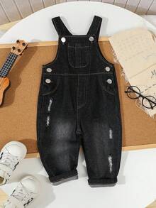 Boys' Casual Black Denim Bib Overalls, Girls' Spring/Autumn Tops & Bib Pants Outfit - Black and White - View 1