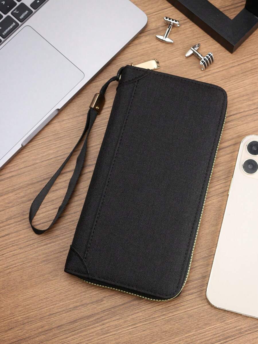 男士 PU 皮革拉链长钱包 - 12 个卡槽 + 手机袋、RFID 屏蔽、腕带、纤薄商务手拿包（黑色） - 黑色 - 查看 1