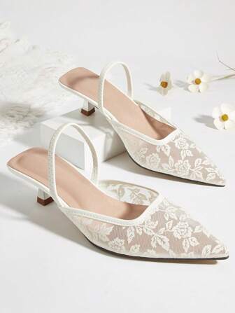 Women's Solid Color Lace Mesh Hollow Kitten Heel Shoes, Floral Elegant Pointed Toe High Heels, Fashion Ankle Strap High Heels, Formal Occasion Wedding Party Mule Shoes