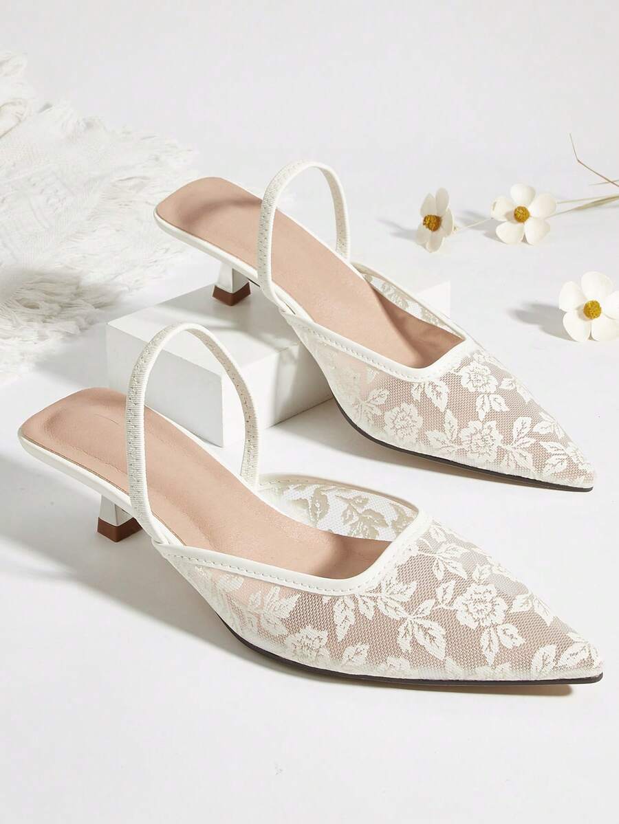 女士纯色蕾丝网眼镂空猫跟鞋，优雅花卉尖头高跟鞋，时尚踝带高跟鞋，正式场合婚礼派对穆勒鞋