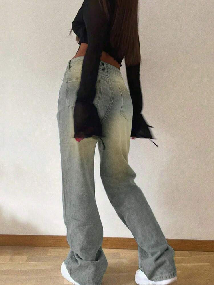Jeans casual a gamba dritta e ampia, stile retrò, adatti per la primavera, per donne - Blu Navy - Visualizzare 2