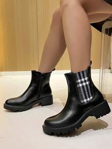 Fashionable Versatile Casual Plaid Patchwork Chunky Heel Ankle Boots - Black - View 2