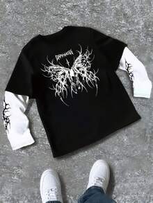 YUNCHIC 男士长袖圆领T恤，透气百搭，宽松休闲打底衫，韩式简约风，创意经典图案，宽松版型圆领T恤，秋季休闲上衣 - 黑色 - 查看 6