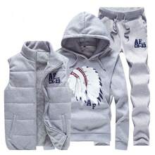 Men Thickened Couple Matching Sports Suit, Hooded Sleeveless Jacket Three-Piece Set, Youth Autumn Winter Sportswear - 灰色 - 查看 1