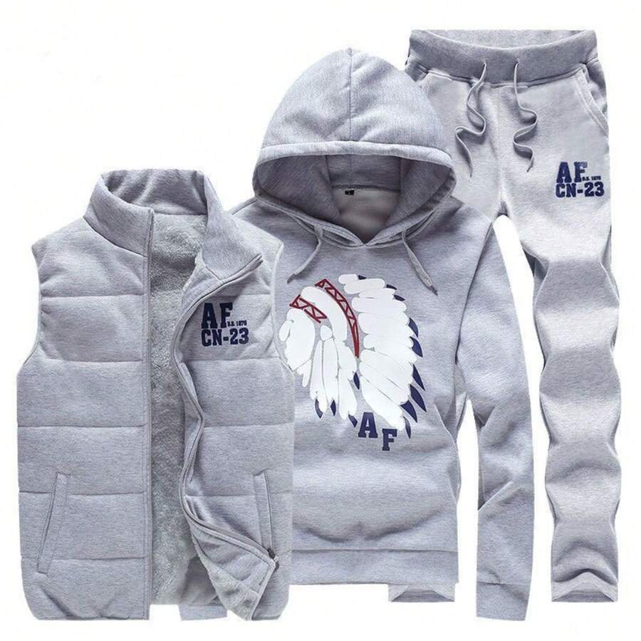 Men Thickened Couple Matching Sports Suit, Hooded Sleeveless Jacket Three-Piece Set, Youth Autumn Winter Sportswear - 灰色 - 查看 1