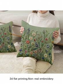 1/2pcs Modern Floral Design Pillow Cover, Light Green/Pink/Purple/Yellow Plant Pattern Cushion Cover, Zippered, Sofa Decor, Gaming/Car Lumbar Pillow, Camping Cushion, Hidden Zipper, Machine Washable, Holiday Gift, No Pillow Insert - Green - View 1
