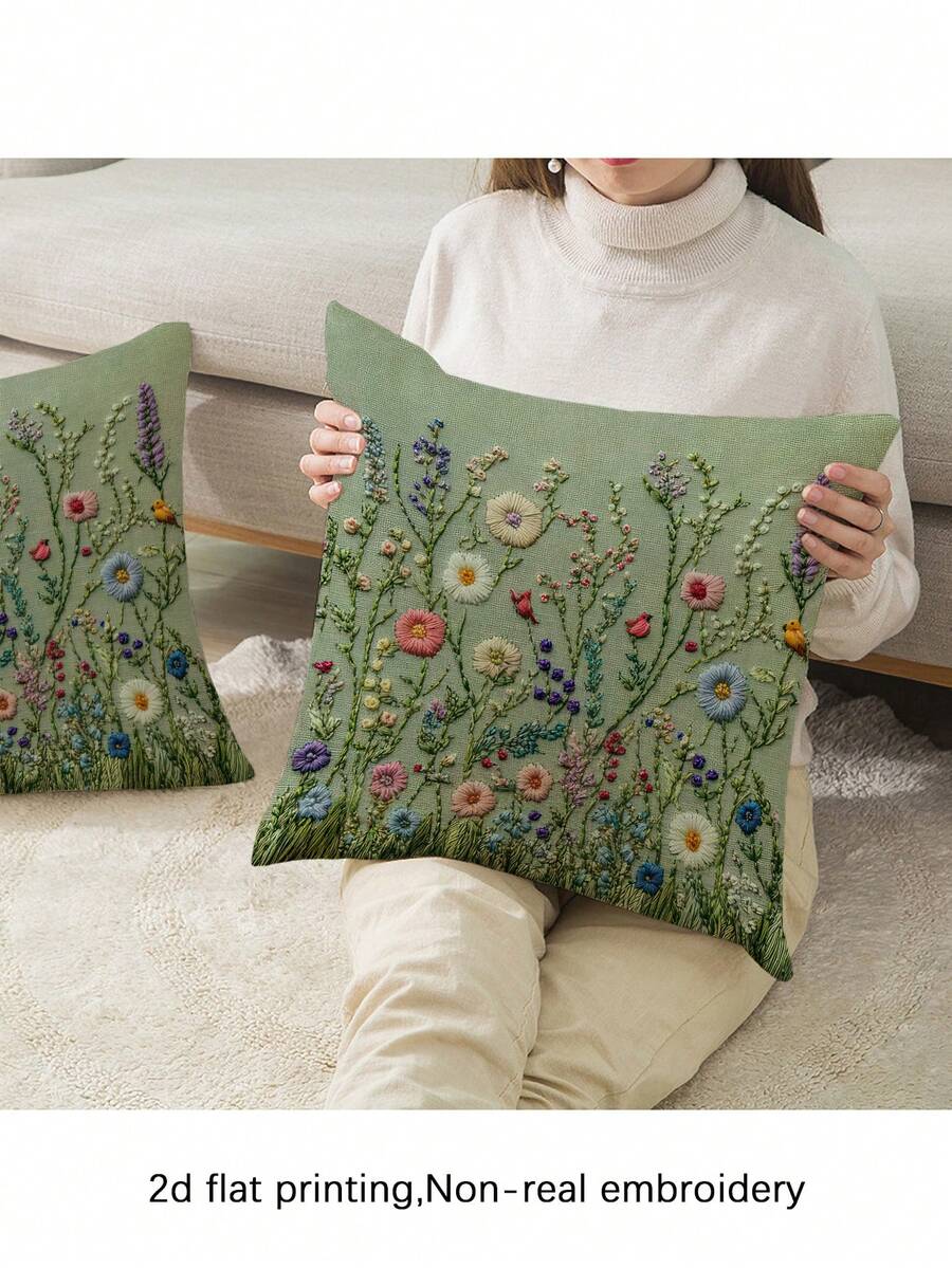 1/2pcs Modern Floral Design Pillow Cover, Light Green/Pink/Purple/Yellow Plant Pattern Cushion Cover, Zippered, Sofa Decor, Gaming/Car Lumbar Pillow, Camping Cushion, Hidden Zipper, Machine Washable, Holiday Gift, No Pillow Insert - Green - View 1