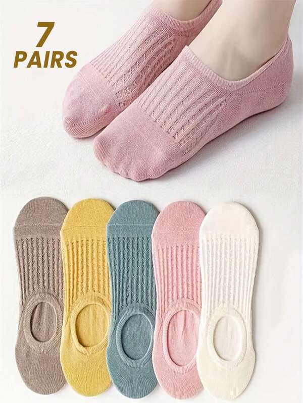 7 Pairs Women's Random Color Air Conditioning Socks, Shallow Mouth Japanese Style Boat Socks, Thin Breathable Non-Slip Invisible Socks For Spring/Summer