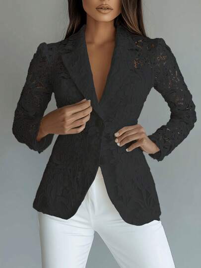 White/Black Lace Women's Blazer Jacket, Floral Embroidery, Sheer Long Sleeve, Regular Fit, Lightweight Fabric, Elegant Formal Style, Perfect Choice For Fashionable Women