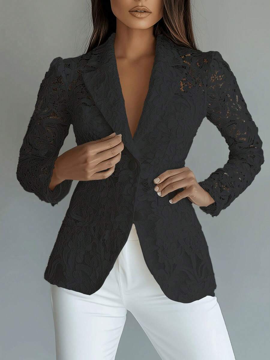 Spring/Summer White/Black Lace Blazer For Women, Notch Lapel,See-Through Long Sleeves , Regular Fit, Floral Embroidered, Sheer Fabric, Elegant Formal Style, Perfect For Fashion - Forward Ladies
