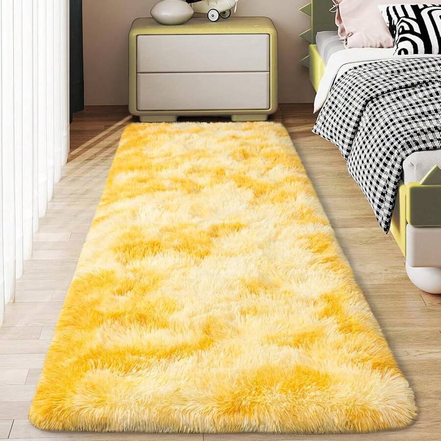 Soft Fluffy Shag Throw Area Rug, 2x4 Black, Non-Slip Bedroom, Hallways, Bedside, Dorm, Living Room - Long Shaggy Rug - Yellow - View 1