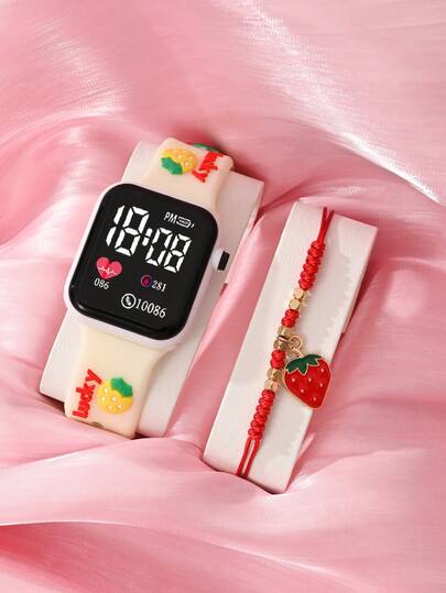 2 Pieces Girl's Watch With Square LED Heart-Shaped Digital Display, Dopamine Children's Watch With Strawberry And Fruit Pattern Wristband, Clock. Affordable Price For The Back-To-School Season Watch Suitable For Students. Fashionable School Supplies Electronic Watch & Cute Hand-Woven Red Strawberry Children's Bracelet. Bestie Couple Bracelet Suitable For Daily Life, School, Parties, Trips, And Friends' Birthday Gifts. Perfect Gift For Girls.