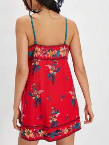 Women's Floral Boho Flowy Mini Cami Dress Low-Cut Square Neck Tube Dress Spaghetti Strap Bodycorn Vacation Tank Dress Y2k Sun Dresses Sleeveless Backless Mini Dress - Đỏ - Xem 2