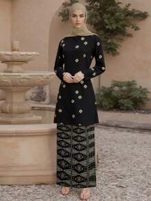 Baju Pahang 女士优雅立领印花长袖两件套，适合日常和假日穿着 - 黑色 - 查看 3