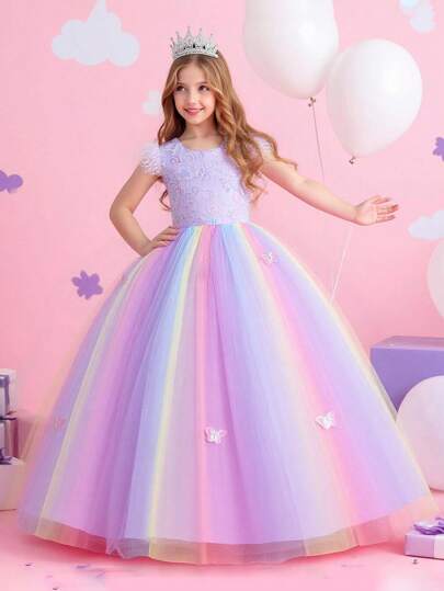 Robe de soirée formelle pour jeunes filles avec papillon brodé dégradé de couleurs, élégante robe de demoiselle d'honneur pour graduation, anniversaire, bal