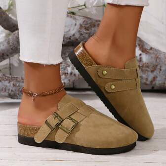 女士棕色平底凉鞋，百搭平底凉鞋，圆头拖鞋，夏季户外拖鞋，四季拖鞋