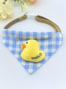 1pc 3D Little Yellow Duck & Blue/White Plaid Pet Bandana, Suitable For Small Dogs And Cats - Multicolor - View 3