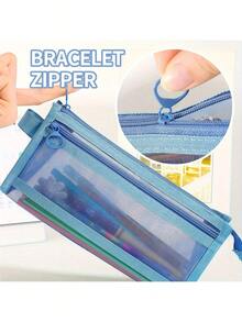 Love Welfare, Limited To 1 Purchase Per Color,Morandi Plaid Mesh Makeup Bag With Handle & Zipper, Transparent Double-Layer Design For Pencil Case Use, Portable Travel Organizer, Cute Clear Stationery Pouch, Suitable For Adults' Office & University Daily Use - 黃色 - 查看 5
