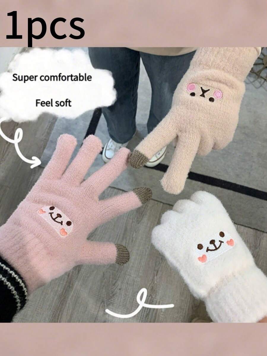 Winter New Women's Mink Wool Knitted Embroidery Cute Finger Touch Screen Smiling Gloves For Warmth And Cold Protection