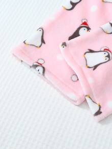 1pc Women's Cute Pink Penguin Print Soft & Comfortable Flannel Lined Fluffy Pajama Pants, Autumn/Winter, Cozy - Pink - View 4