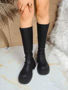 Giày bốt Punk đế dày gợi cảm, ấm áp, mũi tròn, đa năng, cao đến bắp chân, có khóa kéo phía sau dành cho nữ - màu đen - Xem 3
