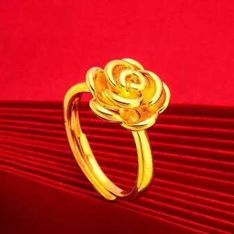 1pc Elegant 3D Rose Flower Ring, Suitable For Women's Daily Wear And Gift, Made Of Metallic Gold Material, Cute Accessory That Won't Fade Or Fall Off When Worn Normally (Avoid Water)