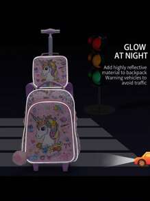 3个女孩粉色亮片独角兽图案设计可爱卡通拉杆背包儿童小学生背包带滚轮夜光功能包含午餐袋和笔袋