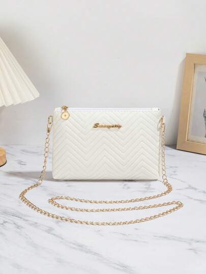 女士休闲手提包，简约纯色高品质绗缝压纹链条肩带通勤包，小巧女士斜挎方包