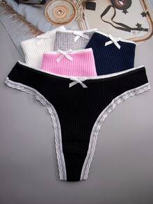 5pcs Women's Multicolor Ribbed High Elasticity Cute Bow Sexy Lace Trim Thong Panties - Multicolor - View 5