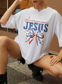 Women's Bohemian Style Printed T-Shirt, Casual Round Neck Short Sleeve Top With Floral Cross And Bow Print Design, Knitted Fabric, Comfortable Fit, Perfect For All Seasons, Christian T-Shirt, Faith T-Shirt, Dynamic Motivational T-Shirt - White - View 2