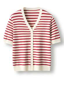 1 PCS  A rayas  Color combinado    Casual    Canalé  Botón  Botón delantero    Diario - Rojo - Ver 4