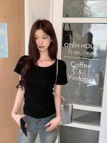 短袖T恤，百搭短袖T恤，女士短袖上衣，修身纯色打底衫，休闲黑色夏季款 - 黑色 - 查看 5