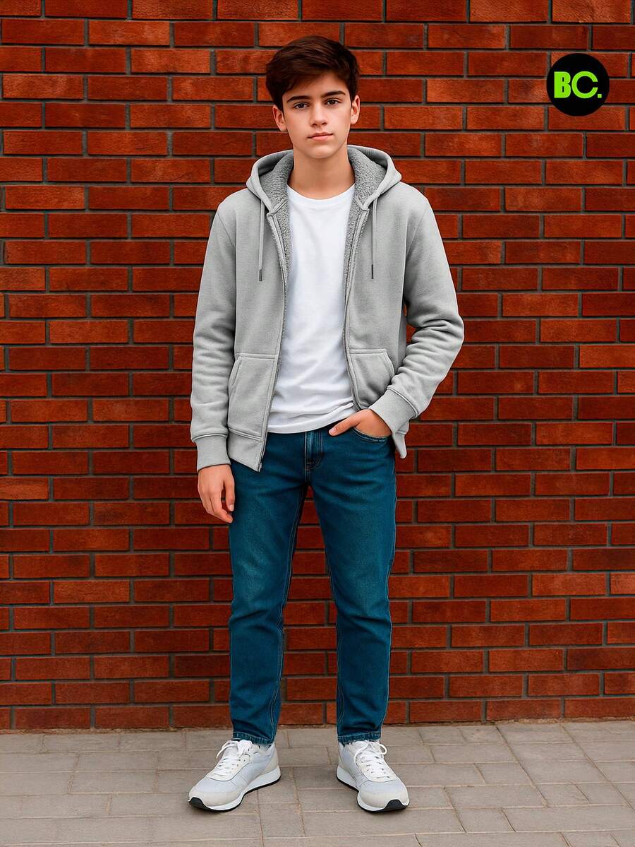 Sudadera térmica con gorro para niño en varios colores, chamarra afelpada interior borrega con cierre frontal y bolsillos tipo canguro, abrigo juvenil casual cálido para invierno, suéter con capucha de felpa para clima frío, ropa cómoda de exterior escolar o diaria - Gris - Ver 1
