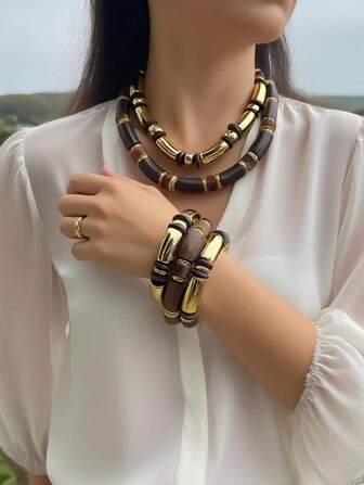 1 件时尚独特多层 CCB 竹结项链和手链套装，简约风格适合日常佩戴