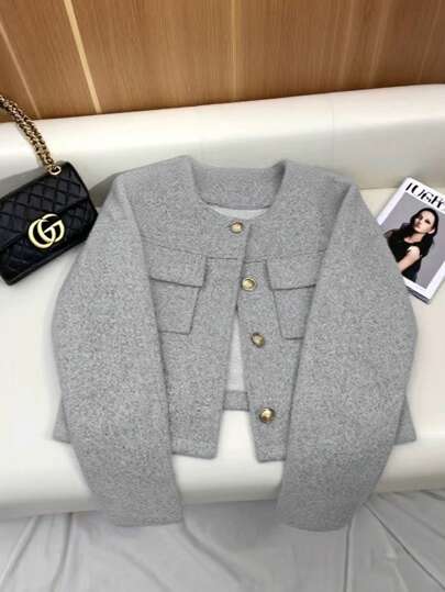 Women's Elegant Casual Dragon & Phoenix Jacket, Round Neck Solid Color Long Sleeve Coat, Minimalist & Fashionable For Autumn/Winter