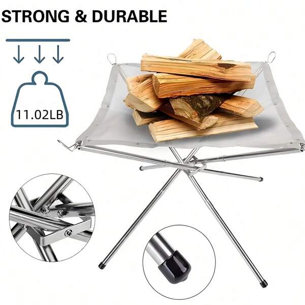 Portable Foldable Fire Pit -304 Stainless Steel Mesh+201 Stainless Steel Bracket+Oxford Cloth Bag, Polished Treatment, Suitable For Camping, Courtyard Bonfire And Outdoor Heating, Tripod Design, Heat Resistant Structure