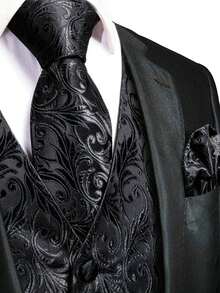 Plus Size 5XL-L Mens Waistcoat Black Paisley Vest & Silver Tie Pin & Tie Hankie Cufflinks Set Wedding Formal Casual Tuxedo Gilet - 黑色 - 查看 6