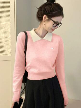 Suéter de mujer de manga larga con cuello polo, de colores contrastantes, de corta longitud y delgado, para otoño/invierno, estilo coreano