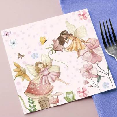 20 piezas/40 piezas/60 piezas/100 piezas/Set, Servilletas de papel desechables de doble capa con estampado floral de hadas encantadas - Decoraciones de fiesta de cumpleaños caprichosas con colores pastel suaves para celebraciones, eventos y ocasiones especiales, accesorios de cumpleaños, vajilla de celebración, diseño con tema de hadas, decorativo