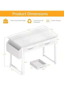 32 Inch Small Desk With Fabric Drawers – Vanity Table With Storage Drawer & Bag. Writing Desk For Bedroom/Study, Small Spaces - 白色 - 查看 3