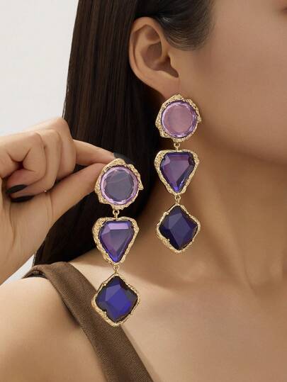 1 Pair Fashionable, Elegant, High-End Asymmetrical Alloy Inlaid Colorful Geometric Resin Tassel Earrings, Suitable For Women's Banquet, Party, Wedding, Gathering, Fashion Street Photography, Nightclub Wear