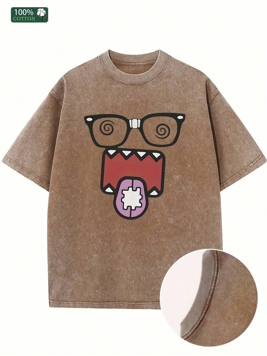 Kuso Culture Women's 230g Washed Cotton T-Shirt - Loose Street Style Hip-Hop Pattern Short Sleeve Top, Cartoon Monster Geometric Print Light Brown Casual Summer Shirt, Comfortable Breathable Unisex  Fashion Urban Style T-Shirt - 咖啡色 - 查看 1